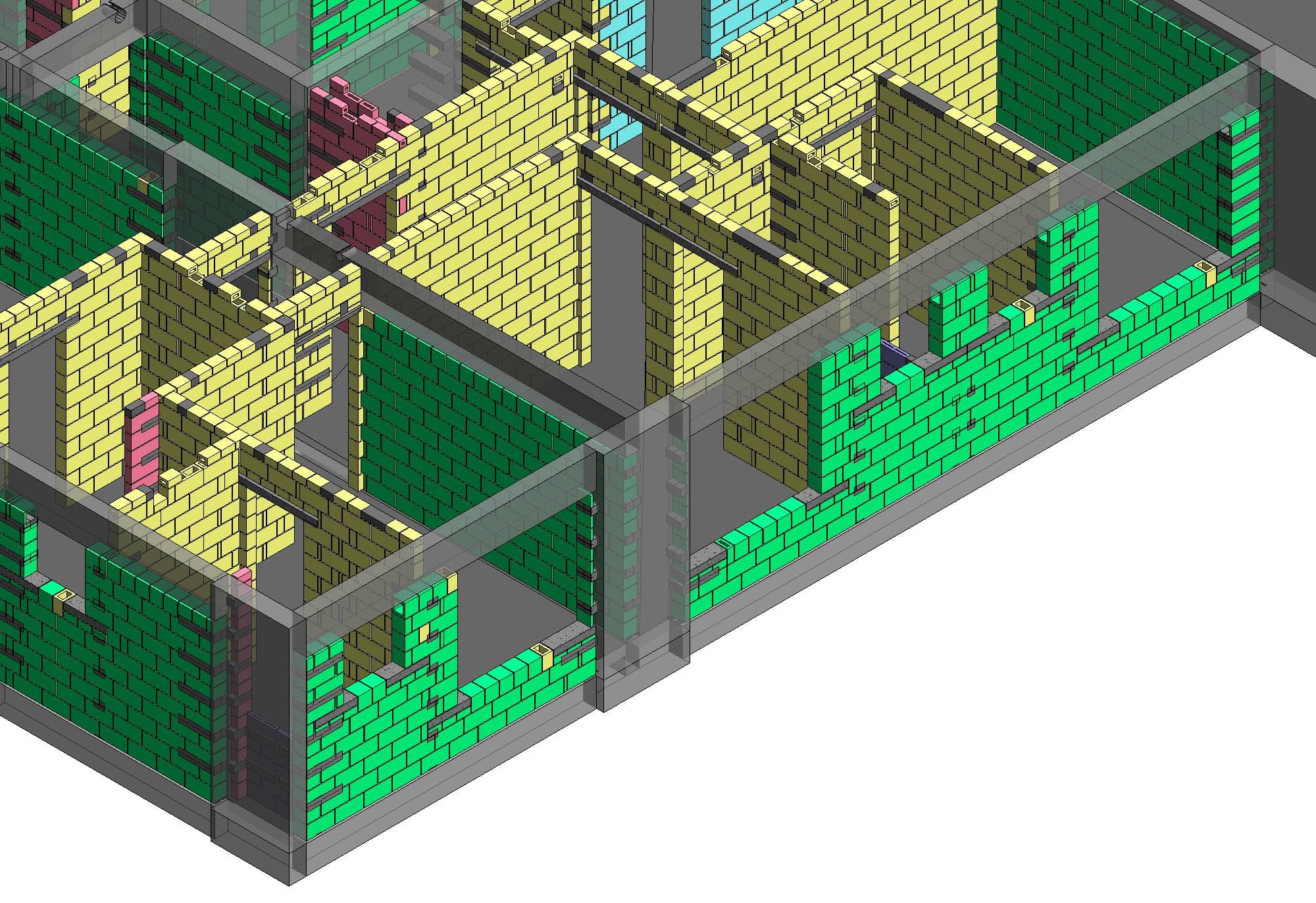 Modelo 3D isométrico de uma unidade com alvenaria racionalizada