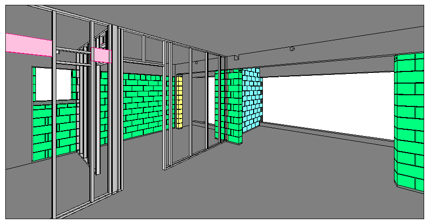 Modelo 3D de um ambiente com a paginação dos blocos representada por cores